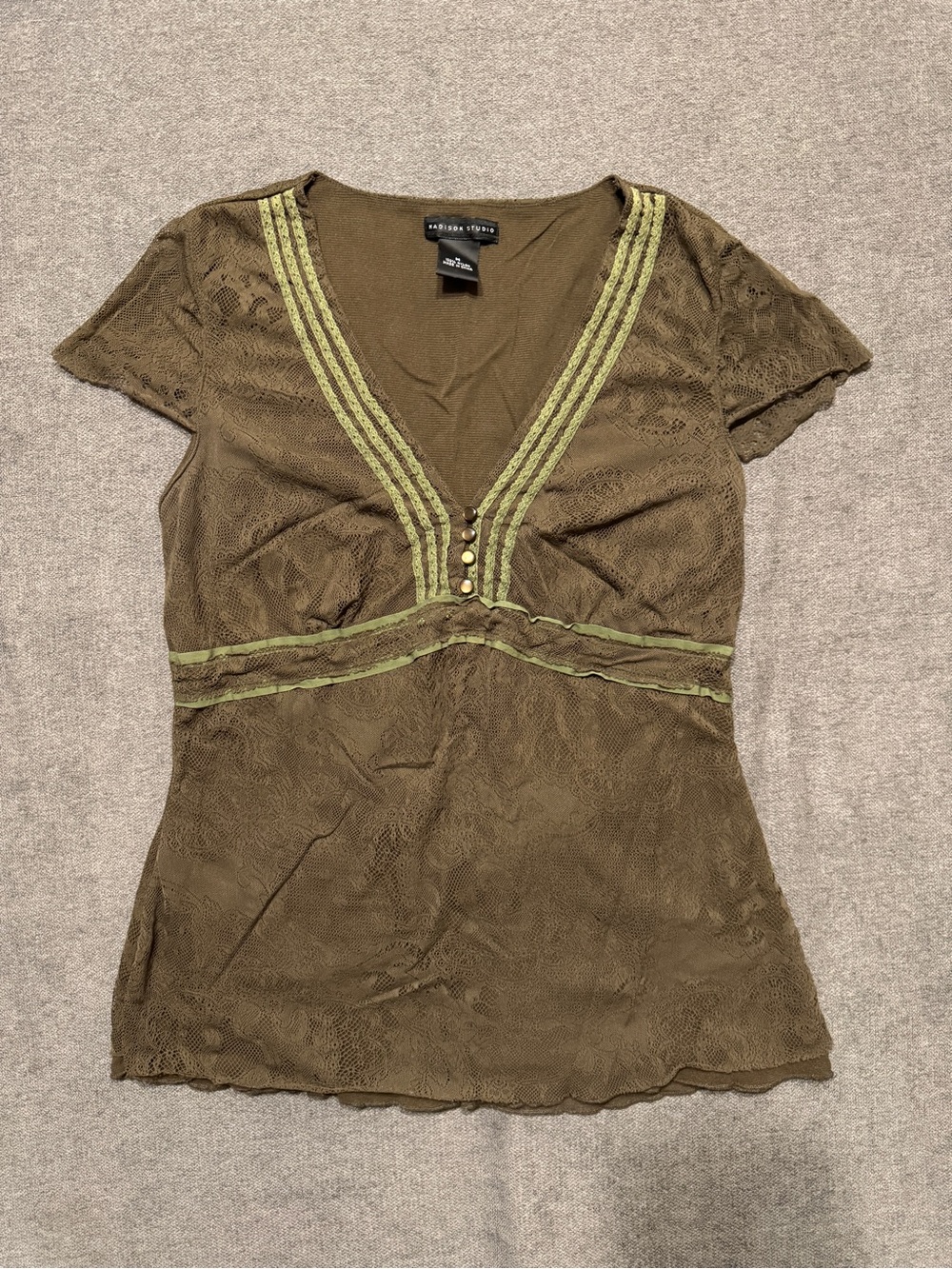 Brown Lace V-Neck Top with Contrast Trim